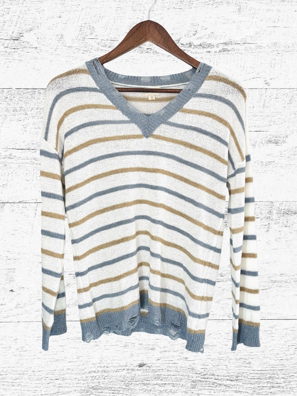 Hem & Thread Striped V-Neck Sweater - Gray and Gold